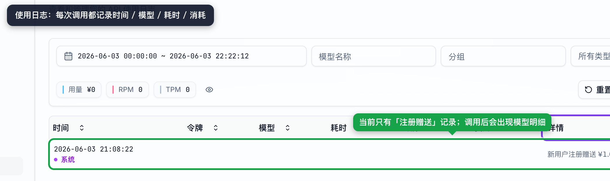 使用日志：每次调用都会记录时间 / 模型 / 耗时 / 消耗